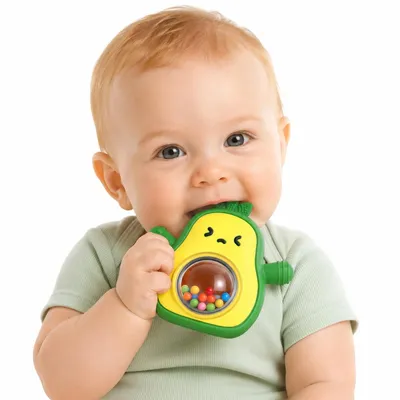 Produktbild von Avocado-Silikon-Beißring mit Rassel und Handschutz, Baby-Beißstab, beruhigendes Kau-Spielzeug für Säuglinge