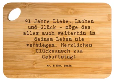 Produktbild von Mr. & Mrs. Panda holzschneidebrett Spruch 91. Geburtstag - Transparent - Geschenk, Herzlichen Glückwunsch, Frühstücksbrettchen, Schneidebrett, Holzbrett, Happy Birthday