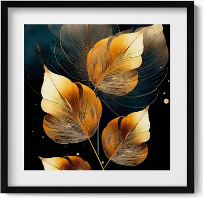Produktbild von Gold Glamour Blätter– Wandbild mit Rahmen – Gerahmtes Bild  – Wanddekoration – 50x50 cm –  Schwarz Rahmen
