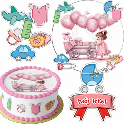 Zdjęcie produktu dla Zestaw Opłatek Na Tort 20Cm + 16 Postaci - Babyshower + Imię 15Cm 18Cm