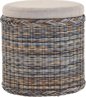 A round woven storage ottoman with a padded lid.