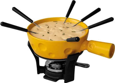 Produktbild von Boska Fondue-Set Super Cheesy - Käsefondue - Fonduetopf Käseförmiger - Steingut - Gusseisen - Dutch Fondue - Gelb - Silber - Schwarz