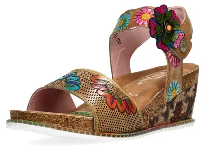 Produktbild von Laura Vita Damen Sandalette Boho Leder mit Lasercut und Blumenmuster Bonito 35, Größe:37 EU, Farbe:Beige