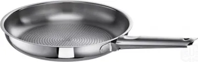A stainless steel frying pan on a white background.