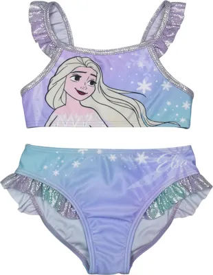 Produktbild von Disney Die Eiskönigin Bikini mit Rüschen für Mädchen - Elsa Frozen Kinder Zweiteiler Schwimmanzug Lila 134-140