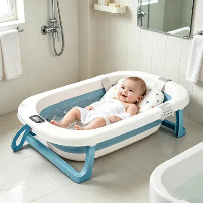 Produktbild von Faltbare Babybadewanne mit rutschfestem Badekissen,Badewanne XXL mit Thermometer,Kinderbadewanne mit Abflussloch für 0-24 Monate (Blau)
