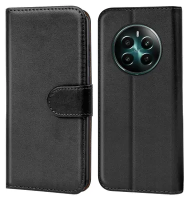 A black book-style phone case is shown from the front and back.