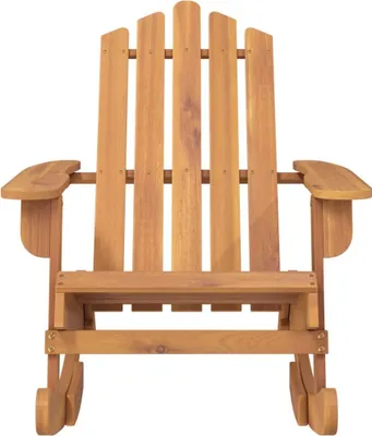 A wooden Adirondack rocking chair is shown from the front against a white background.