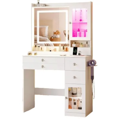 Produktbild von Schminktisch mit LED-Spiegel & Vitrine | 90 cm breit | USB & Steckdose | RGB-Beleuchtung | viel Stauraum | Weiß