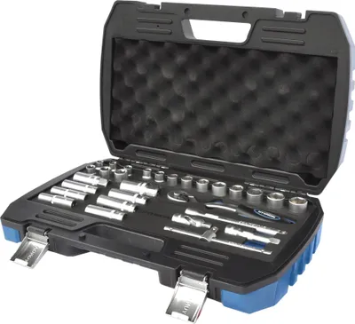 Produktbild von HYUNDAI Steckschlüssel WSET 59652 (29-Teiliges 3/8" Steckschlüssel-Set, Umschaltknarre, Universalkardangelenk, CrV-Stahl, Werkzeugkoffer, Werkzeugset)