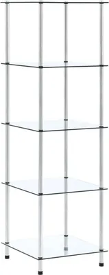 A tall, narrow, five-tier shelf unit made of glass and silver-colored metal poles.