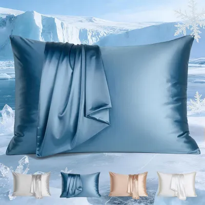 Produktbild von Kissenbezüge Blau 2er Set 40x80cm Satin Kühlfaser mit Reißverschluss