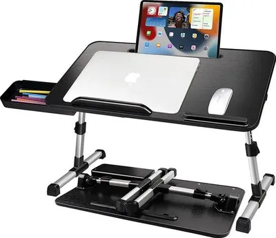 Immagine prodotto di Tavolo per laptop Unyqoos® per letto e divano – regolabile in altezza da 24 a 32 cm (5 livelli), inclinabile da 0 a 36°, adatto per laptop da 11 a 17 pollici, con cassetto e supporto per tablet/smartphone, dimensioni 53x30 cm, colore nero
