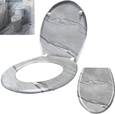 A toilet seat and lid with a marble pattern, shown separately and also as part of a toilet in a bathroom setting.