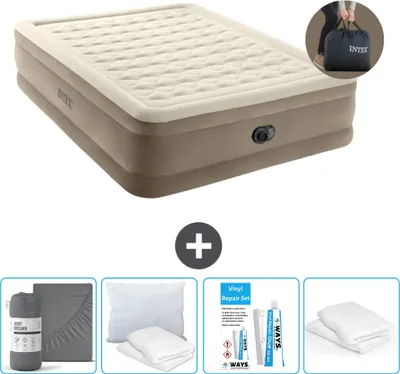 Produktbild von Intex Luftbett - 2 Personen - 152 x 203 x 46 cm - Beige - Inklusive Pumpe - Spannbettuch - Küssen - Reperaturset en Kissenschutz