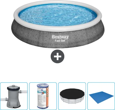 Produktbild von Bestway runder aufblasbarer Fast-Set-Pool – Rattan-Druck – 396 x 84 cm – inklusive Pumpe Filter - Abdeckung - Bodenplane
