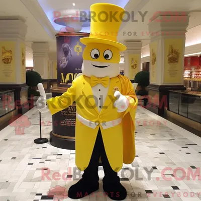 Produktbild von Maskottchen REDBROKOLY eines zitronengelben Zirkusdirektors mit Anzugjacke und Umhang
