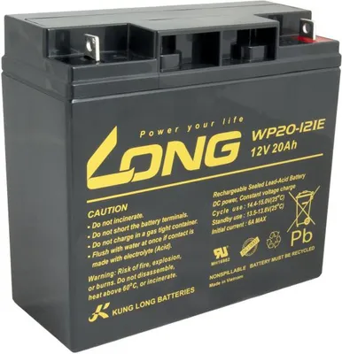 A black battery with yellow text and branding.