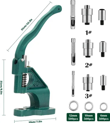 Image de Jadeshay Kit presse à oeillets - Presse manuelle avec 3 formes de découpe (6/10/12 mm) et 1500 oeillets pour tissus et cuir - Idéal pour les projets DIY, les rivets et les boutons-pression