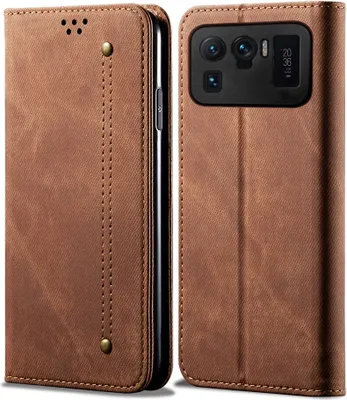 Produktbild von Xiaomi Mi 11 Ultra Hülle, LaimTop Denim Leder Brieftasche Magnetverschluss Flip Bookstyle Schutzhülle mit Standfunktion für Xiaomi Mi 11 Ultra Braun