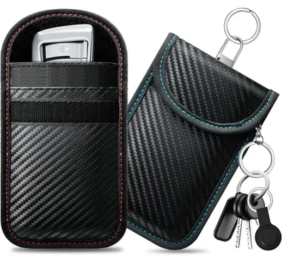 Productafbeelding van Caslord Keyless Go beschermhoes voor autosleutels, 2 stuks, Faraday tas van koolstofvezel leder, RFID-blokkerende sleutelhanger (rood + blauw)