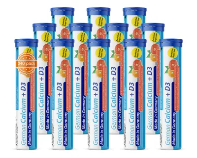 Produktbild von German Calcium + D3 Brausetabletten 12x20 Stk. Orangen-Grapefruit Geschmack Zuckerfrei - 500 mg Kalzium, 2,5 μg Vitamin D3 - T&D Pharma –  Germany