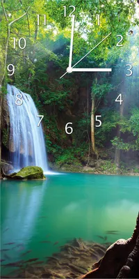 Produktbild von Wallario Design Wanduhr Wasserfall im Wald am See Idylle in Thailand aus Echtglas, Größe 30 x 60 cm