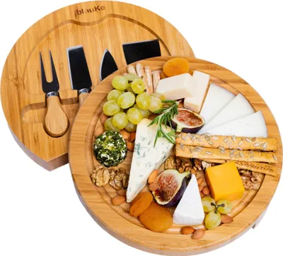 Produktbild von Bambus Käsebrett mit Käsemesser Set – 25cm Rund Servierplatte aus Holz für Käse und Häppchen – Cheese Board, Charcuterie Board – Käseplatte aus Holz