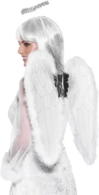 A woman wearing an angel costume with white wings and a halo.