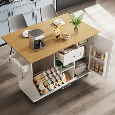 Produktbild von Fortuna Lai Moderne Kücheninsel, Küchenschrank für Mülleimer, buffetschrank, Multifunktionale Esstisch mit Speicherraum, Speisewagen mit Snackregalen und Stretchfunktionsschränken, weiß