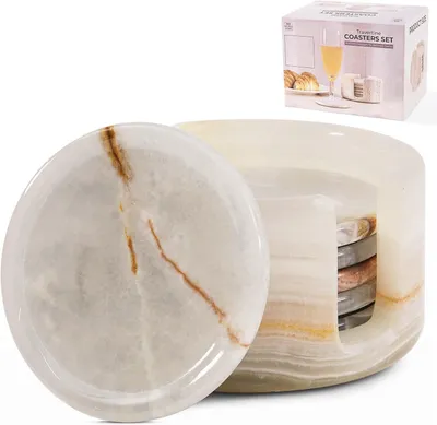 Productafbeelding van Onderzetters van crème-kleurig onyxmarmer ronde stenen onderzetters 9 cm met houder - Set van 6 - Ideaal als accessoire voor de koffiehoek