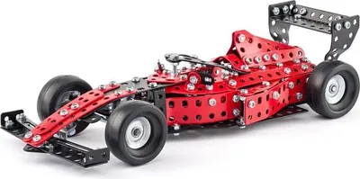 Produktbild von Merkur Formule Modellbausatz aus Metall mit Gummirädern, Rot Schwarz, 430 Teile, 29 x 10,4 x 6,2 cm