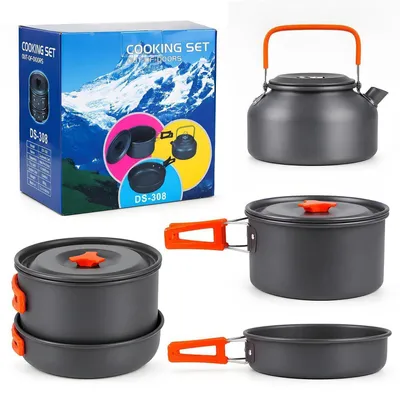 Obrázok produktu pre Sada kuchynského vybavenia na kemping, vonkajšie použitie, hliník, oranžová, 3-dielna, s taškou