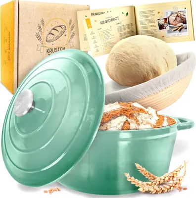KRUSTENZAUBER Topf Brot Backen [inkl. Gärkorb] - Hochwertiger Emaille Topf 26cm - Idealer gusseiserner Brottopf zum Backen, Gusseisentopf Brotbacken