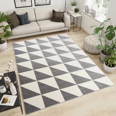 Produktbild von Teppich Wohnzimmer Schlafzimmer Kurzflor Modern Design Geometrisch Marokkanisch Dreiecke Creme Grau  120 x 170 cm