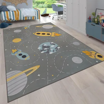 Produktbild von Kinderteppich waschmaschinenwaschbar Weltraumraketen‑Muster Kinderzimmer schmutzabweisend Grau Rechteckig 240x340 | 100% Polyester | pflegeleicht
