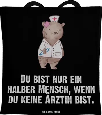 Produktbild von Mr. & Mrs. Panda Schultasche Ärztin Herz - Schwarz - Geschenk, Tote Bag, Arztpraxis, Spruch, Shopping Tasche, Jutebeutel, Tragetasche, Krankenhaus, Beruf