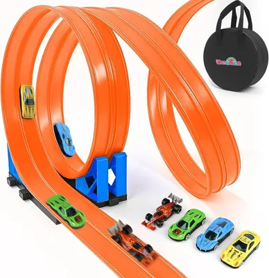 Produktbild von Flexible Auto Rennbahn 5 m, 4 Autos, 2 Rampen, Saugnäpfe, Aufbewahrungstasche, für Kinder