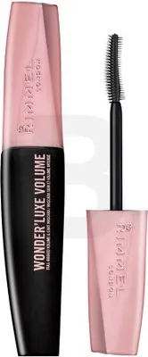 A Rimmel London Wonder'Luxe Volume Mascara in Extra Black is shown next to its wand.
