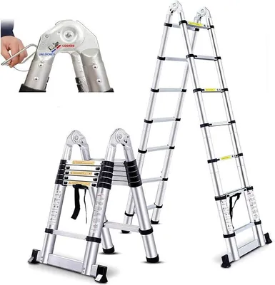 Imagen del producto de Escalera telescópica de 3,8 metros, plegable, de aluminio, con estabilizador. Escalera multifuncional EN131, plegable, con peldaños antideslizantes. Capacidad de carga: 150 kg. Ideal para uso en jardín e interiores