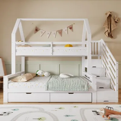 Produktbild von Etagenbett 90x200 140x200 cm Weiß aus Kiefer, MDF, Sperrholz mit Treppenschrank und 2 Schubladen für Kinderzimmer