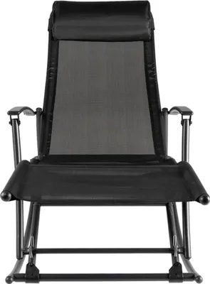A black rocking chair is shown from the front on a white background.