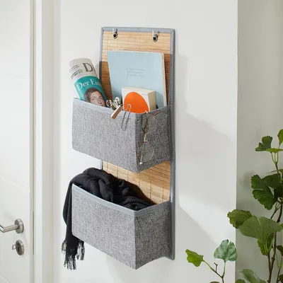 Produktbild von Relaxdays Hängeaufbewahrung Bad und Flur, 2 Fächer Türgarderobe 62 x 33 x 12 cm H x B x T, Bambus und Stoff, grau