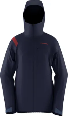 Hardshelljacke "Alpine Guide GTX Jkt M" von La Sportiva in Dunkelblau mit Kapuze und roten Akzenten.