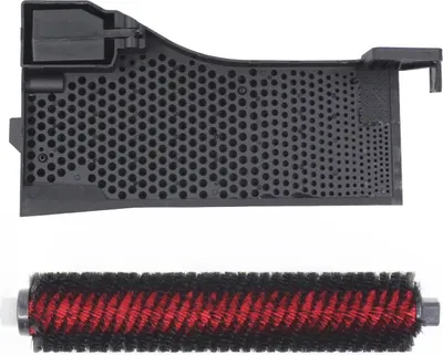 A black filter and a red and black brush roller, likely vacuum cleaner accessories, are displayed against a white background.