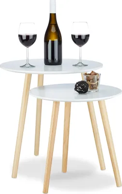 Produktbild von Relaxdays Beistelltisch 2er Set skandinavisch, 70er Design, Nachttische, Satztische, Durchmesser 39 und 47,5 cm, weiß