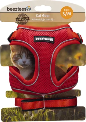 Produktbild von Beeztees Katzengeschirr mit Leine aus Nylon rot, Größe: S/M