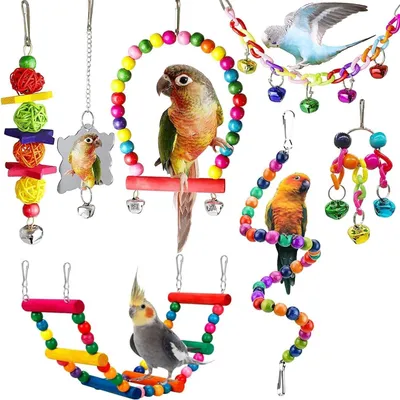 Produktbild von Vogelspielzeug Set Mit Glöckchen 7 Stück, Naturholz Kautspielzeug Für Papageien, Sittiche Und Nymphensittiche