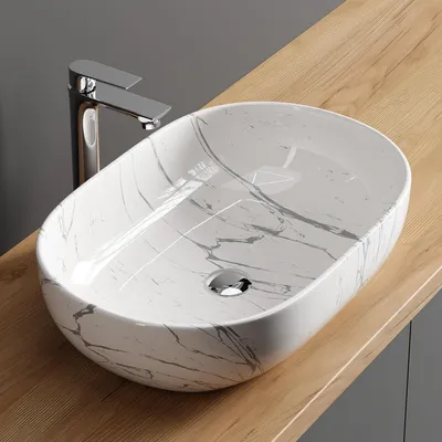 Produktbild von Planetmöbel Aquil Deluxe Waschbecken Oval 60 cm - Marmor Weiß | Aufsatzwaschbecken für Badezimmer und Gäste-WC
