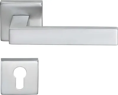 A silver-colored door handle set with a keyhole escutcheon plate, presented on a white background.